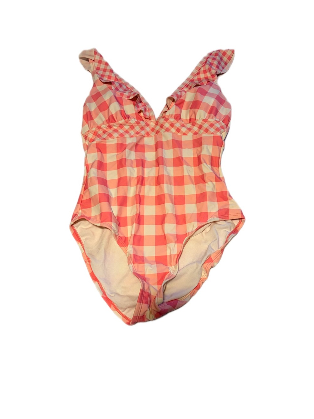 Ruffle Plunge Neck Pink/Cream Gingham One-Piece Swimsuit Size Small Cottagecore